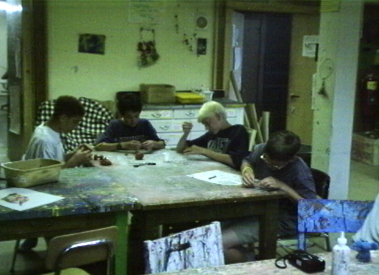 Plyc033.jpg - First session. Some of my campers in the Craft Shop. Jim (James) Thompson, Paul Hammond, Zach Carter and Adam Stanton.