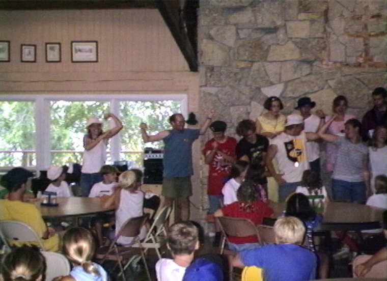 Plyc247.jpg - PAC trip members showing off in the Dinning Hall upon their return to camp.